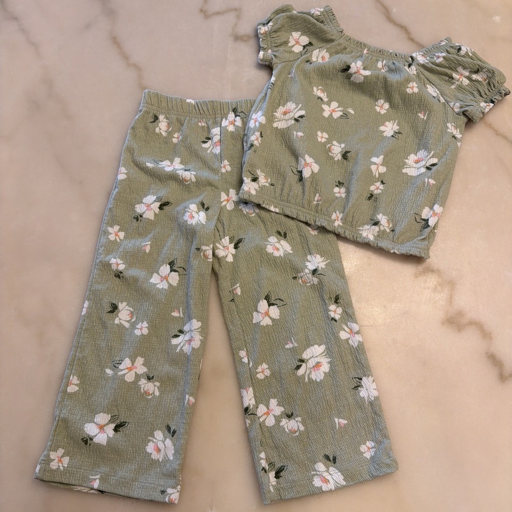 Carter's Toddler Girl 4T 2-Piece Floral Top & Pull-on Wide Leg Pants Green White
